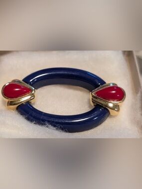 Avon Blue Resin Bracelet with Red Teardrop Accents and Gold-Tone Details